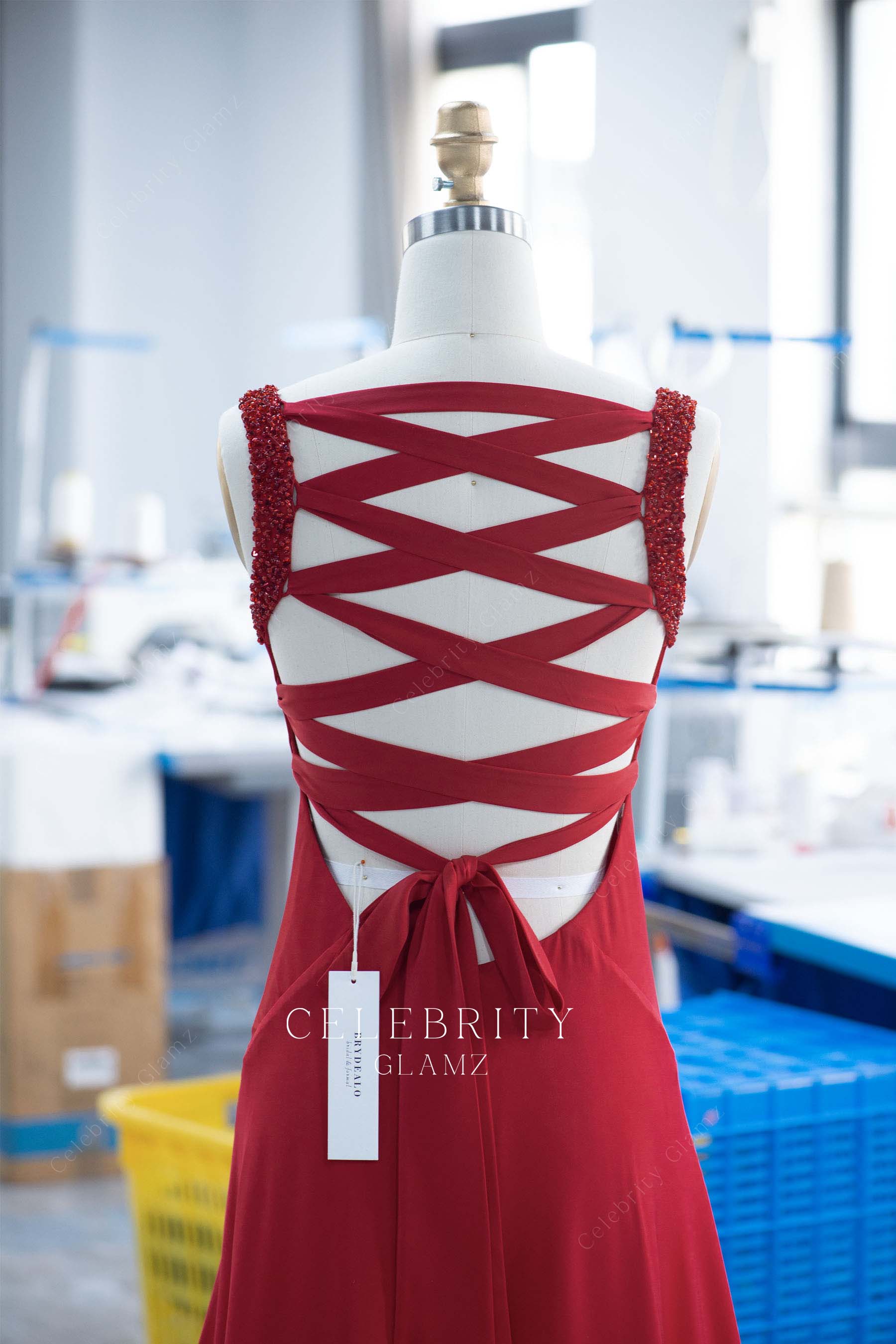 red crisscross back formal dress