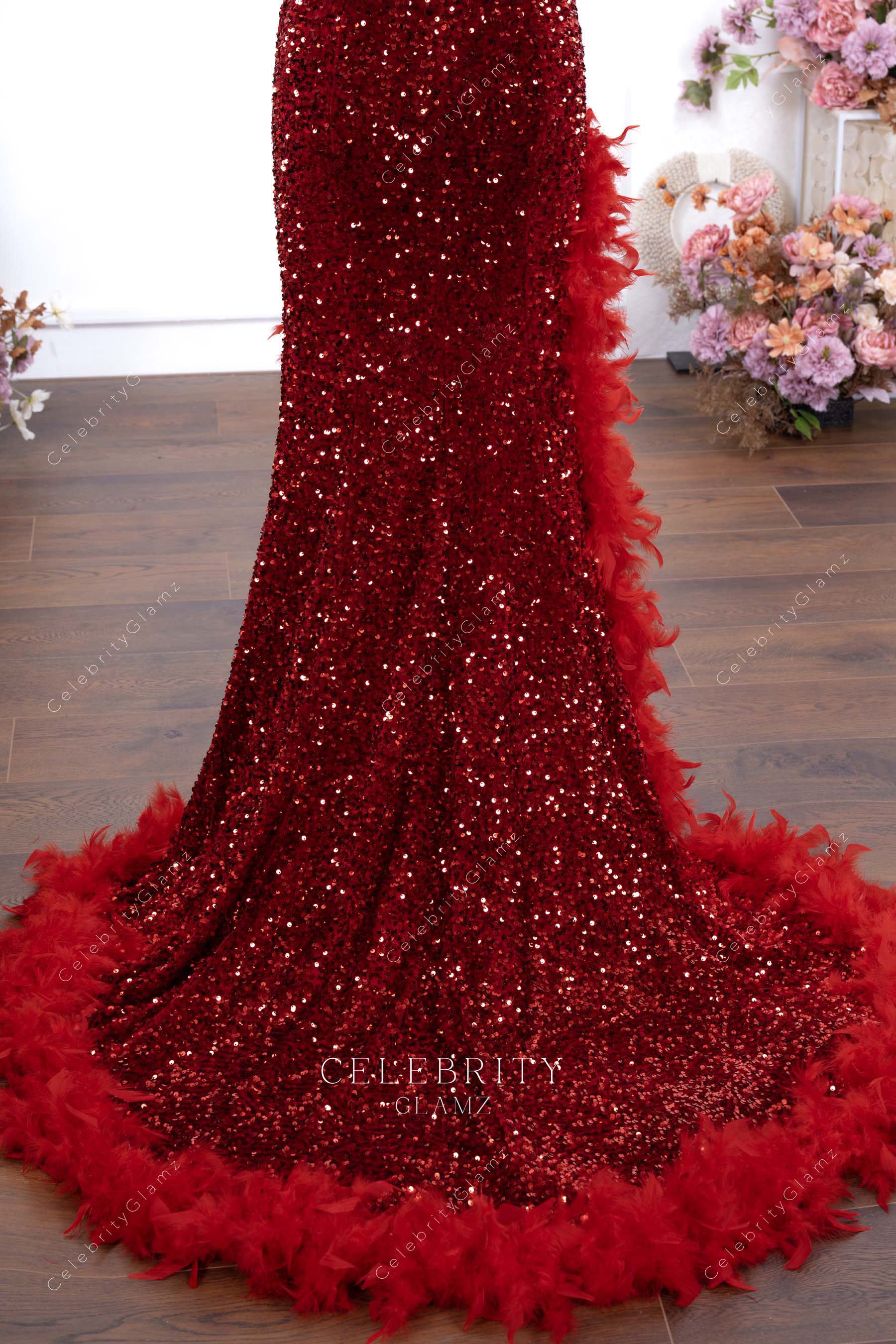 red feathered trim prom dress