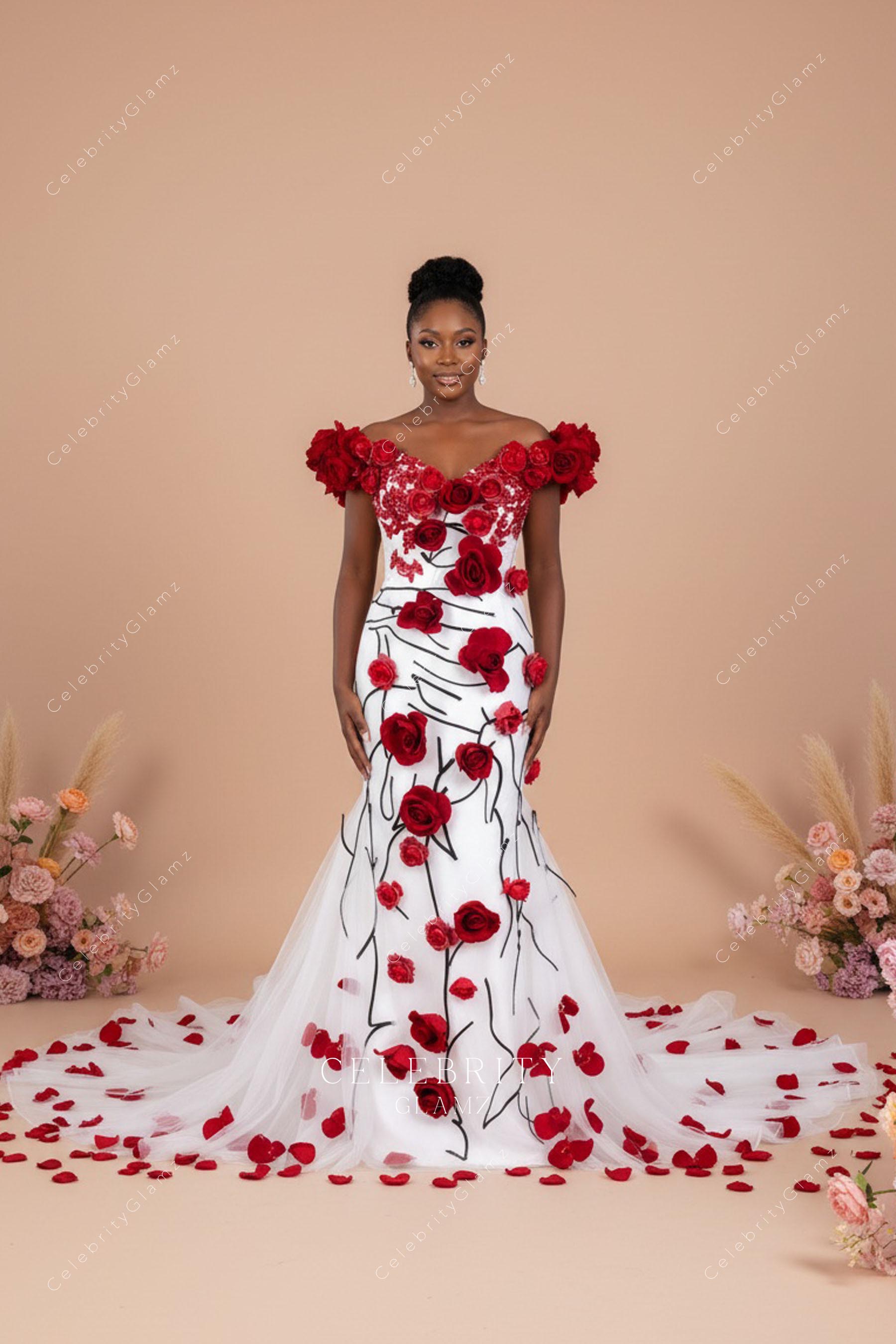 red floral lace wedding dress