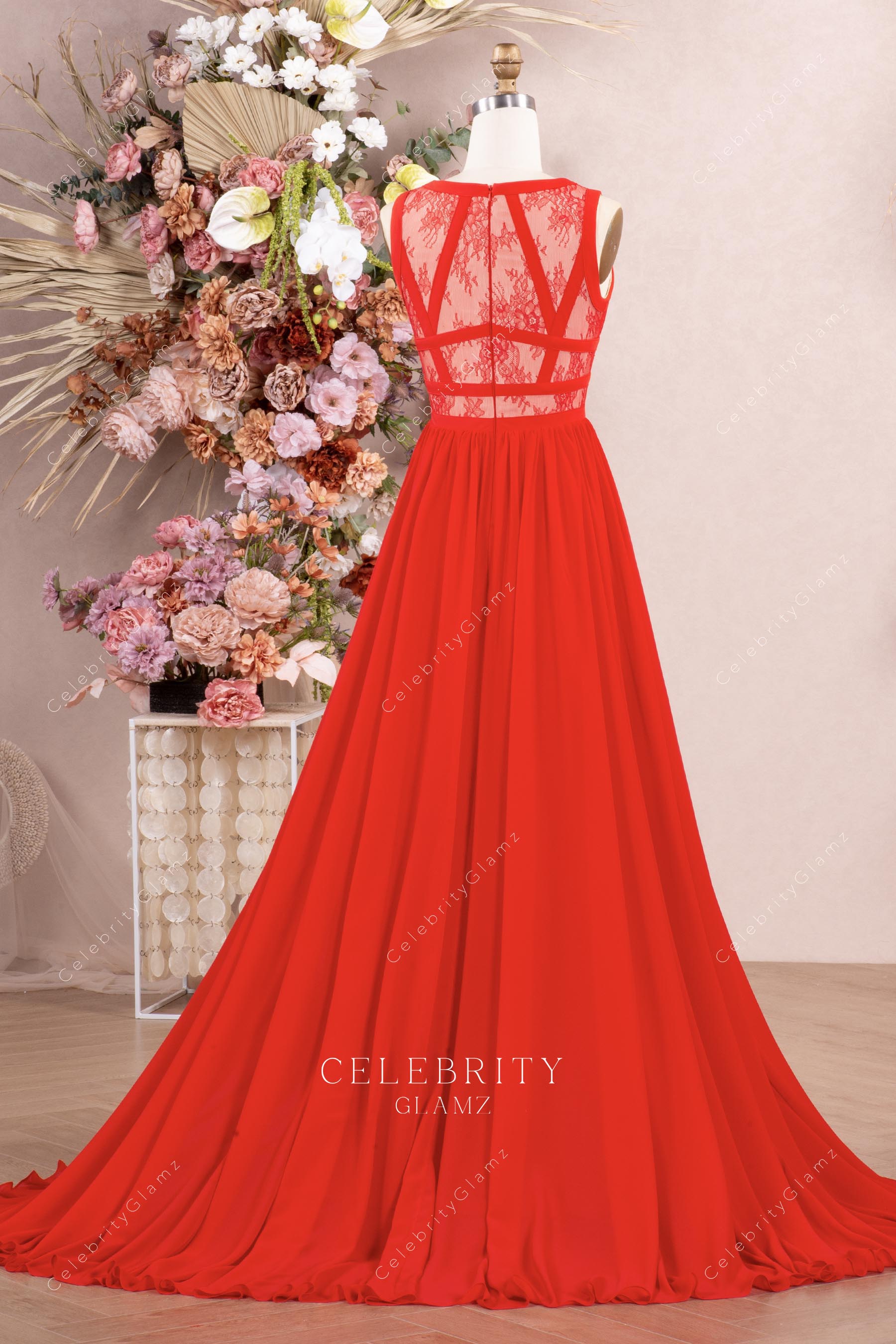 red illusion back a line prom dress
