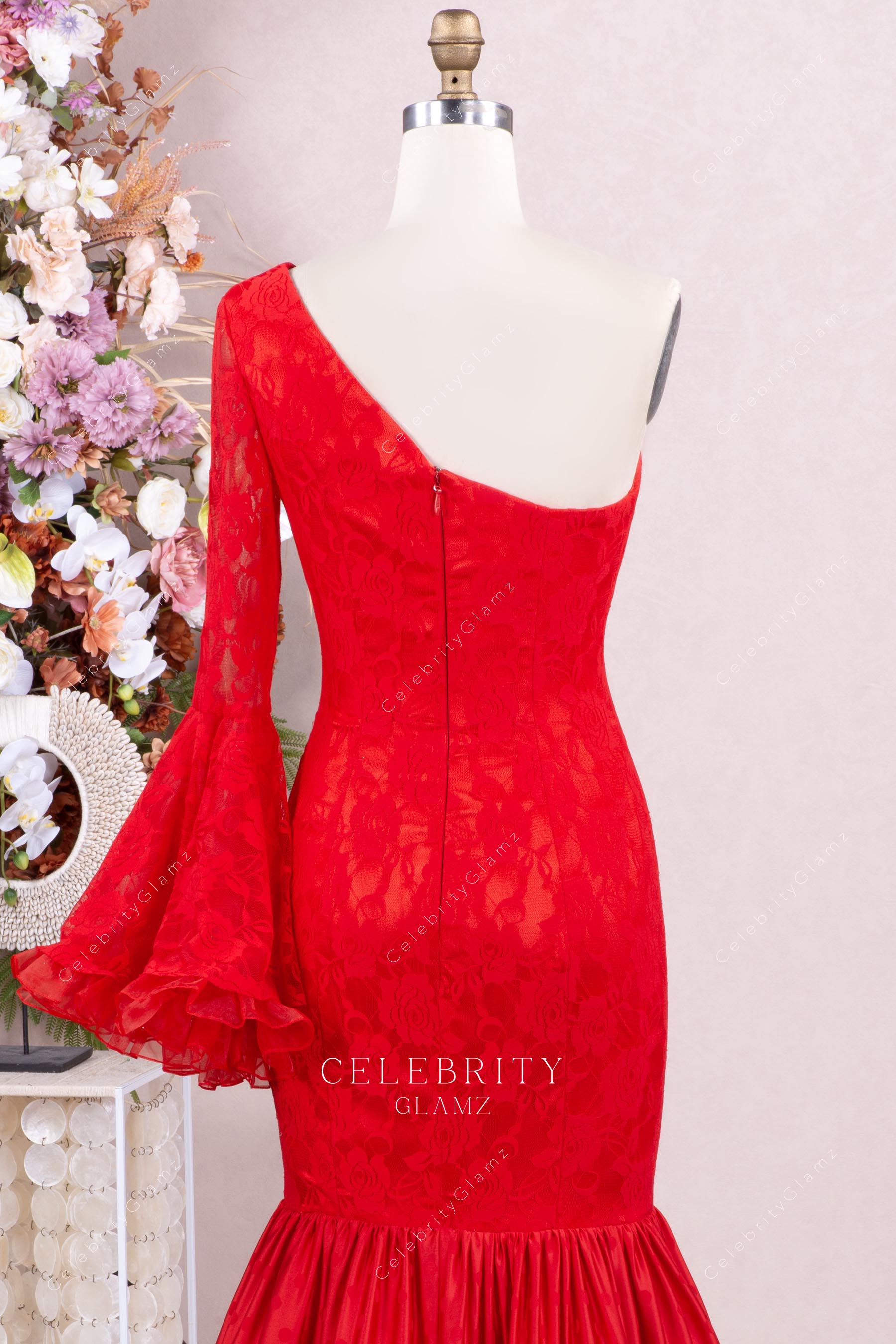 red illusion bell sleeve formal gown