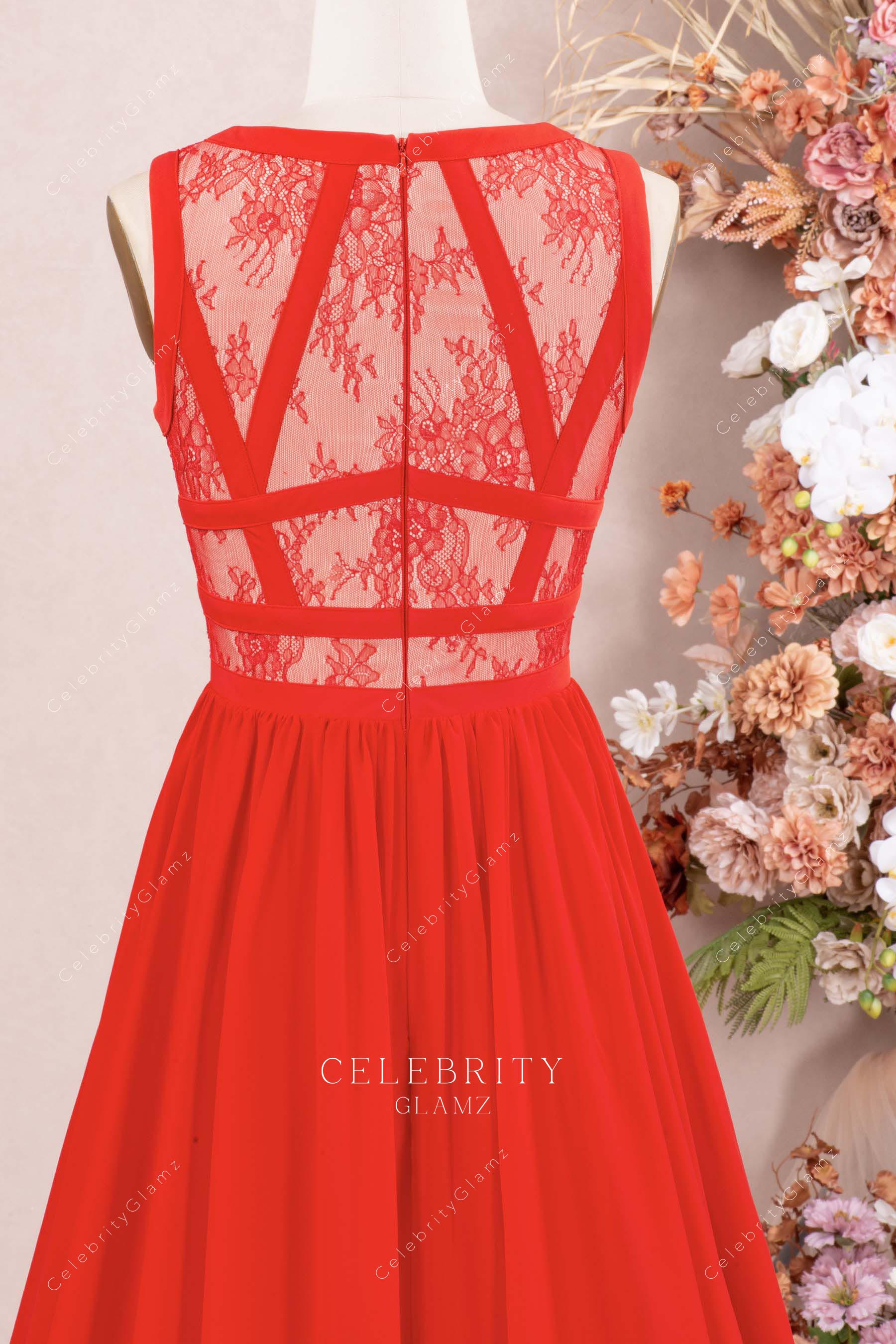 red illusion lace back prom dress