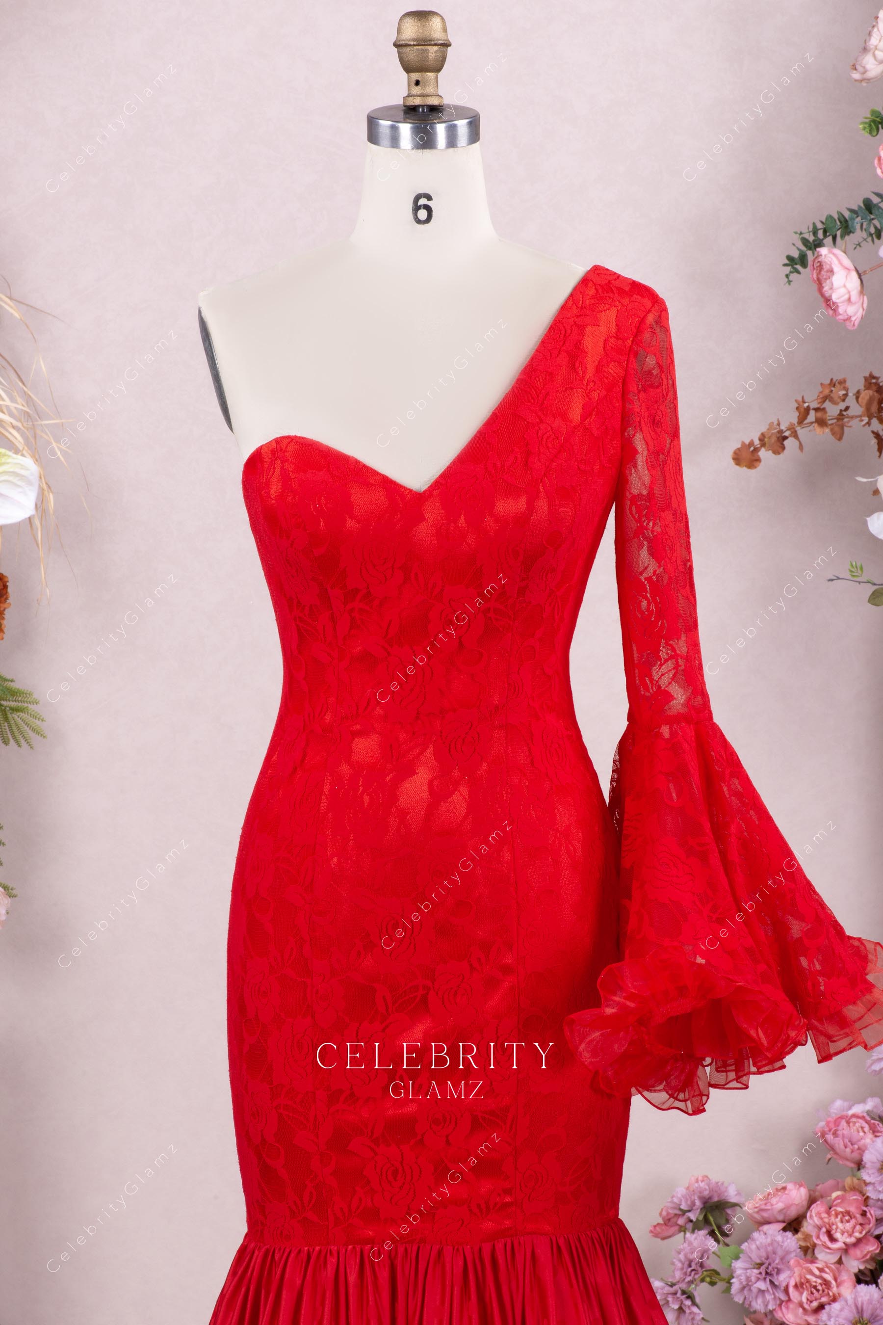 red illusion lace sleeve formal gown