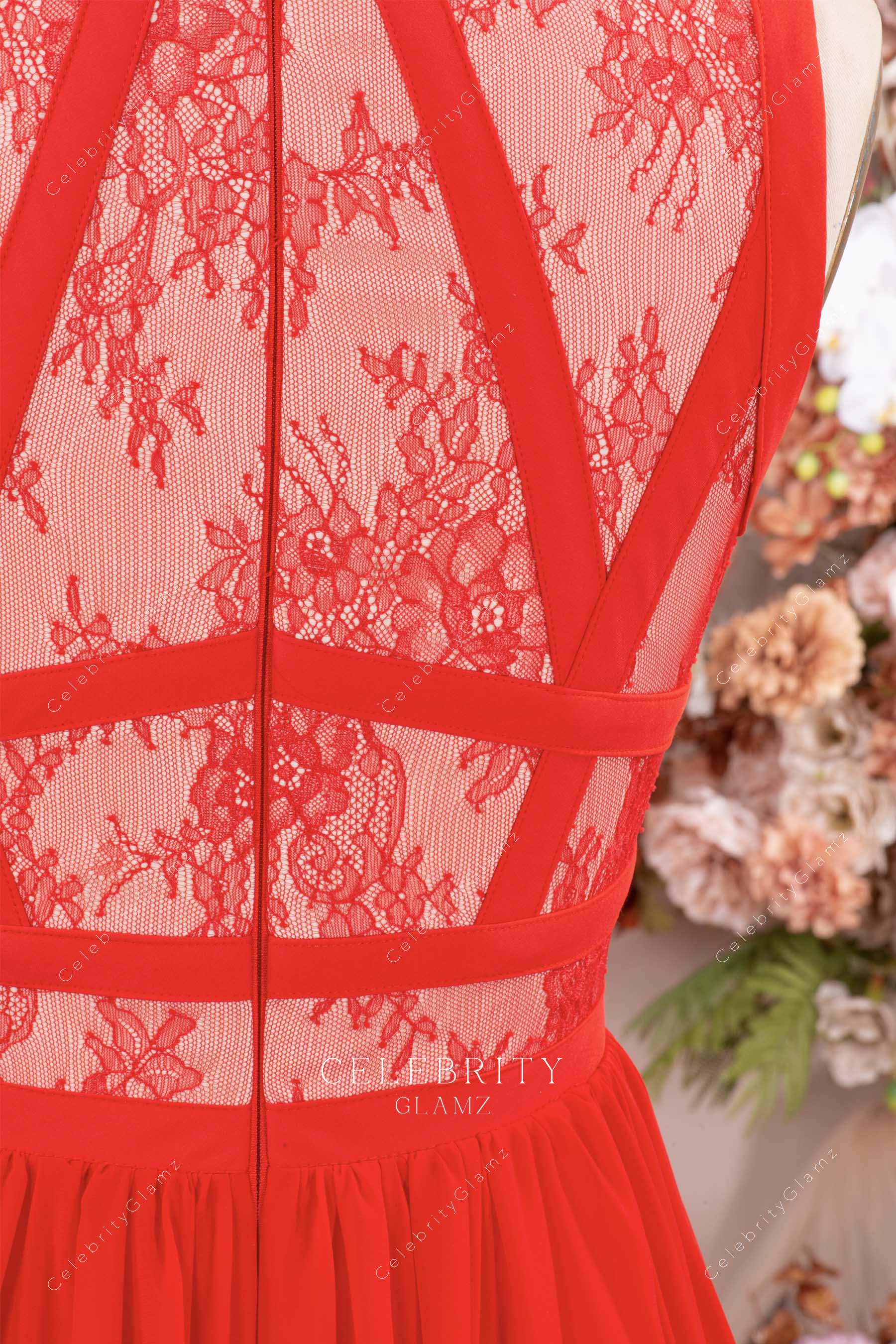 red lace a line prom dress