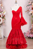 red lace asymmetrical neck formal gown