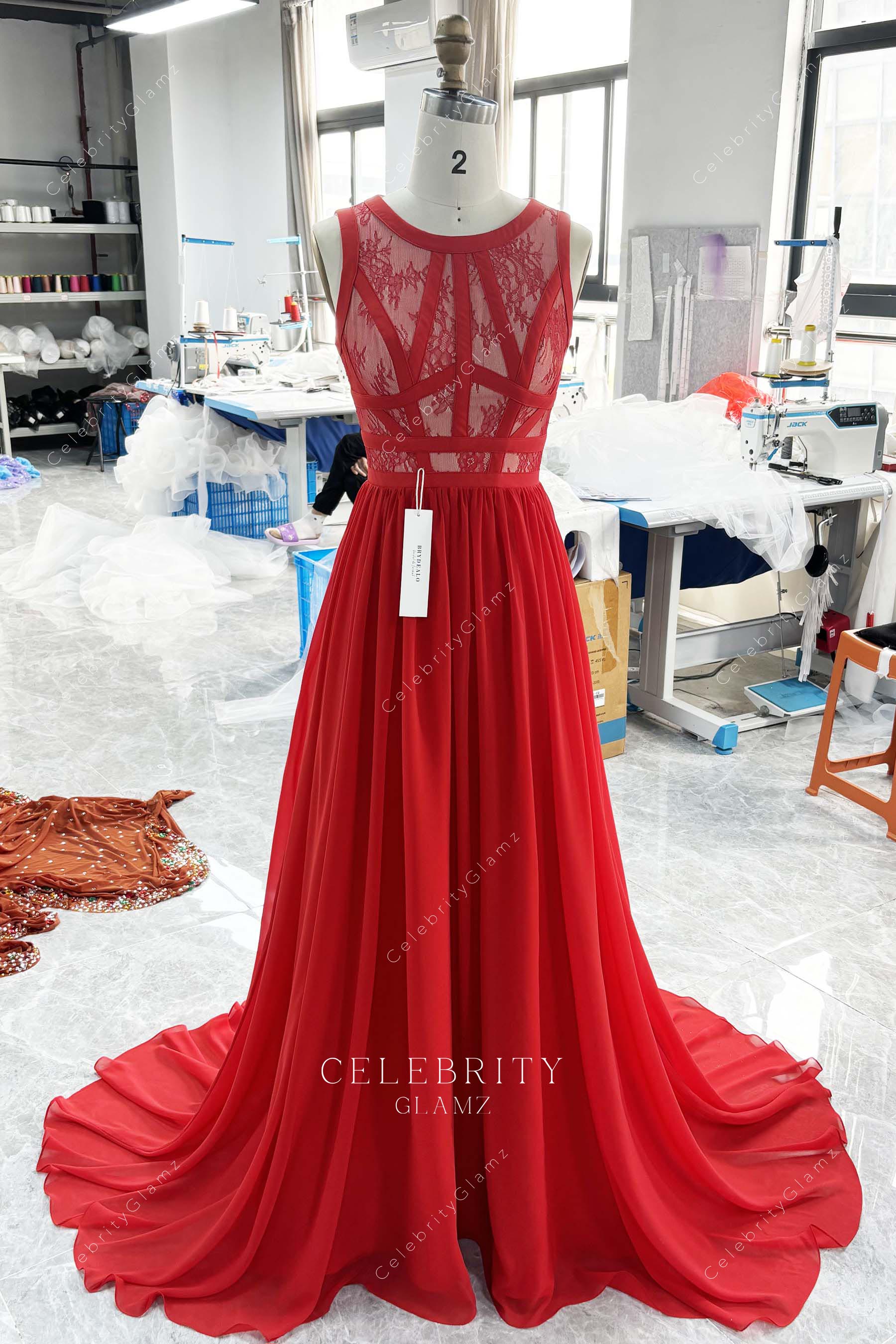 red lace chiffon a line prom dress