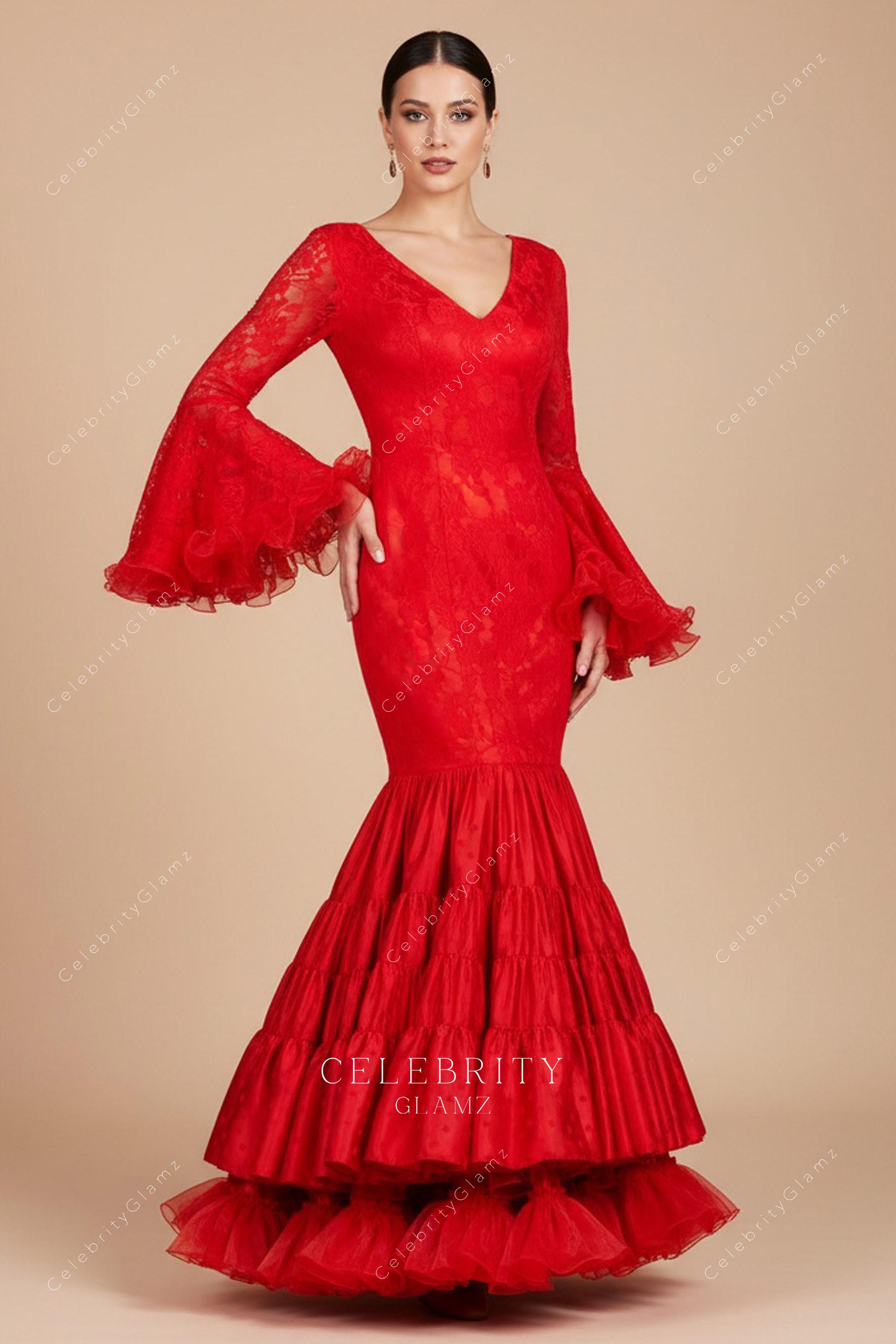 red lace plunging neck trumpet formal gown