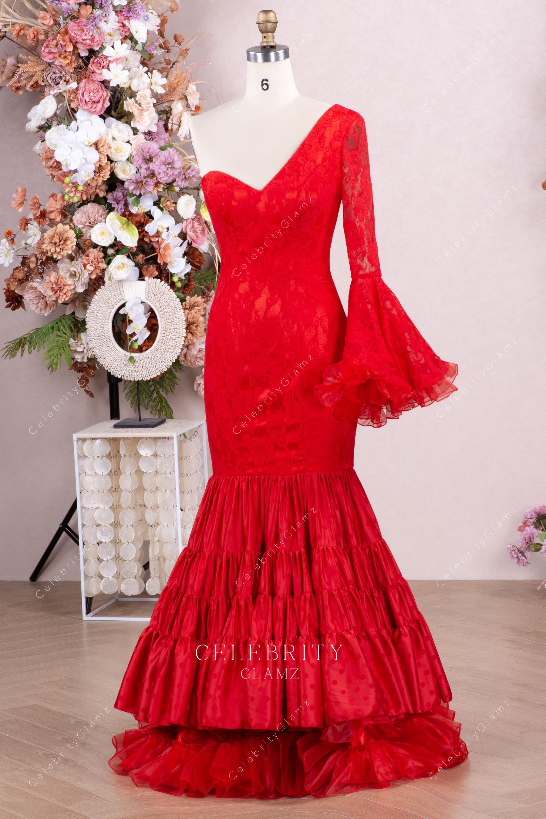 red lace tiered mermaid formal gown