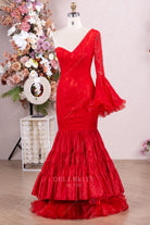 red lace tiered mermaid formal gown