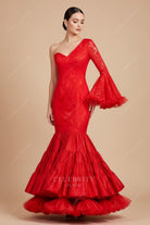 red lace trumpet formal gown