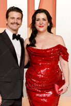 red Melanie Lynskey 2025 Vanity fair party drop sleeve dress