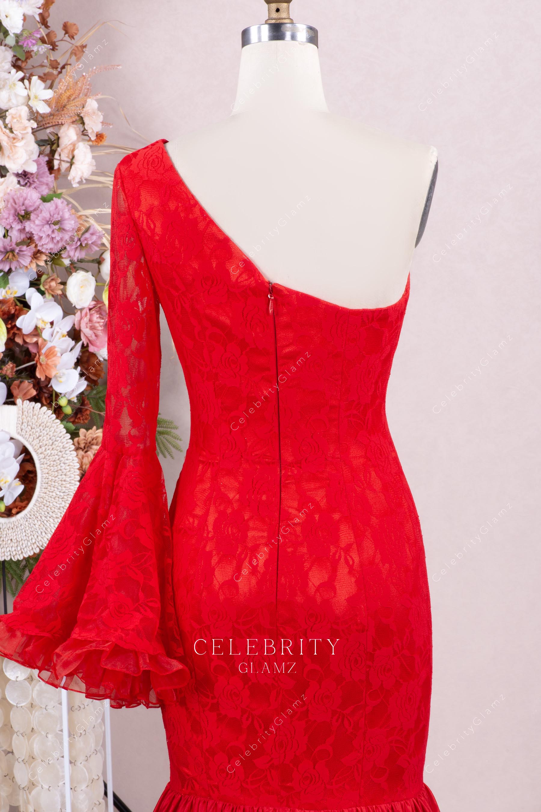 red one sleeve formal gown