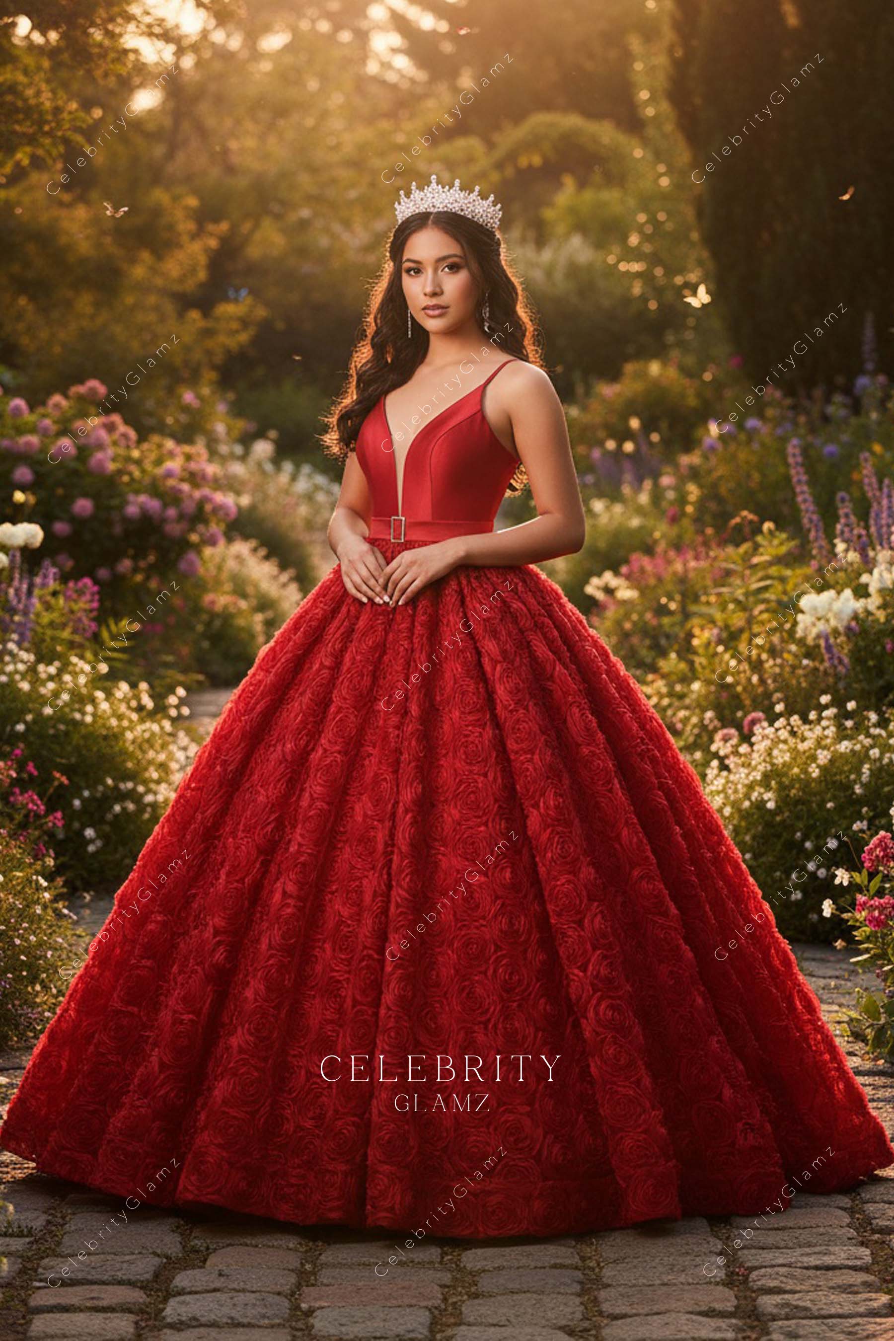 red plunging neck Quinceanera ballgown