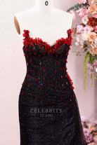red rhinestones strapless prom dress 