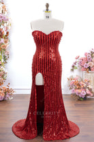 red sequin high split prom dress