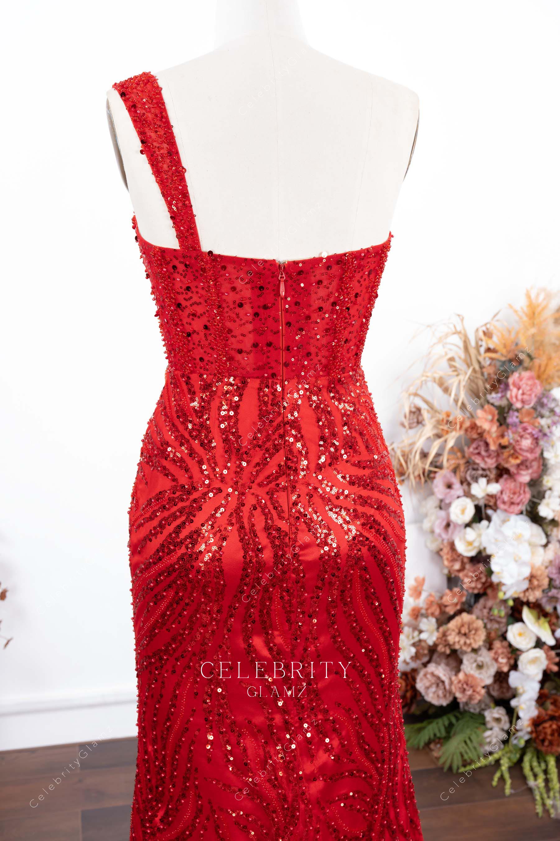 red sequin one strap prom dress