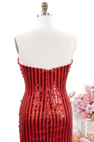 red sequin open back prom dress