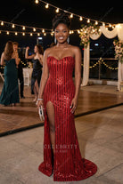 red sequin strapless prom dress