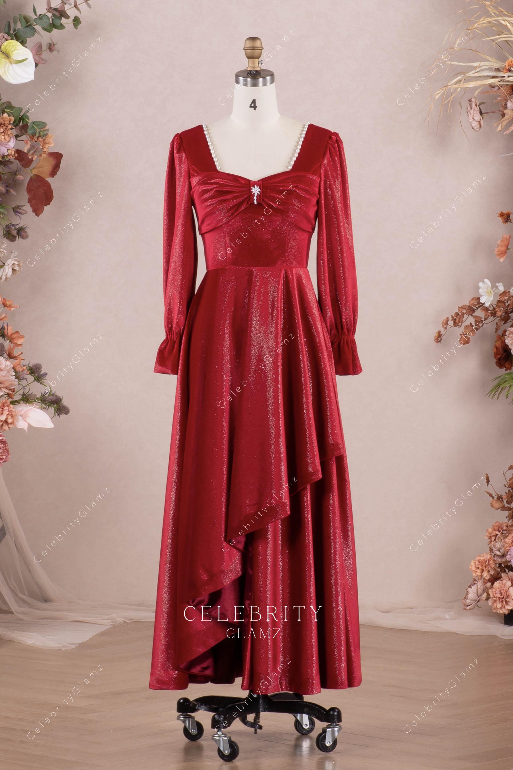 red shimmery ruffles prom dress