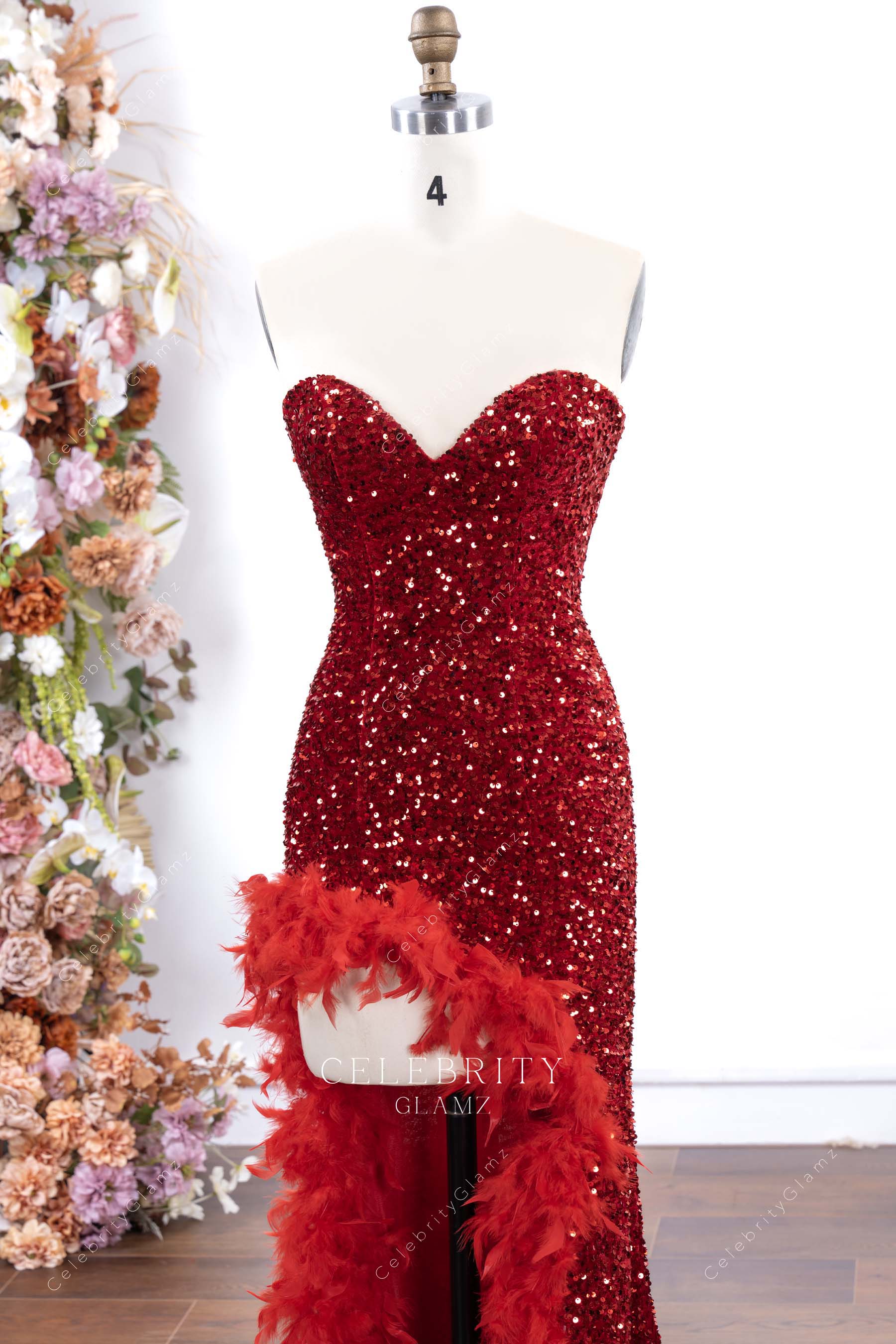 red sparkly sequin sweetheart neck prom dress