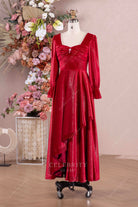 red velvet long sleeves prom dress