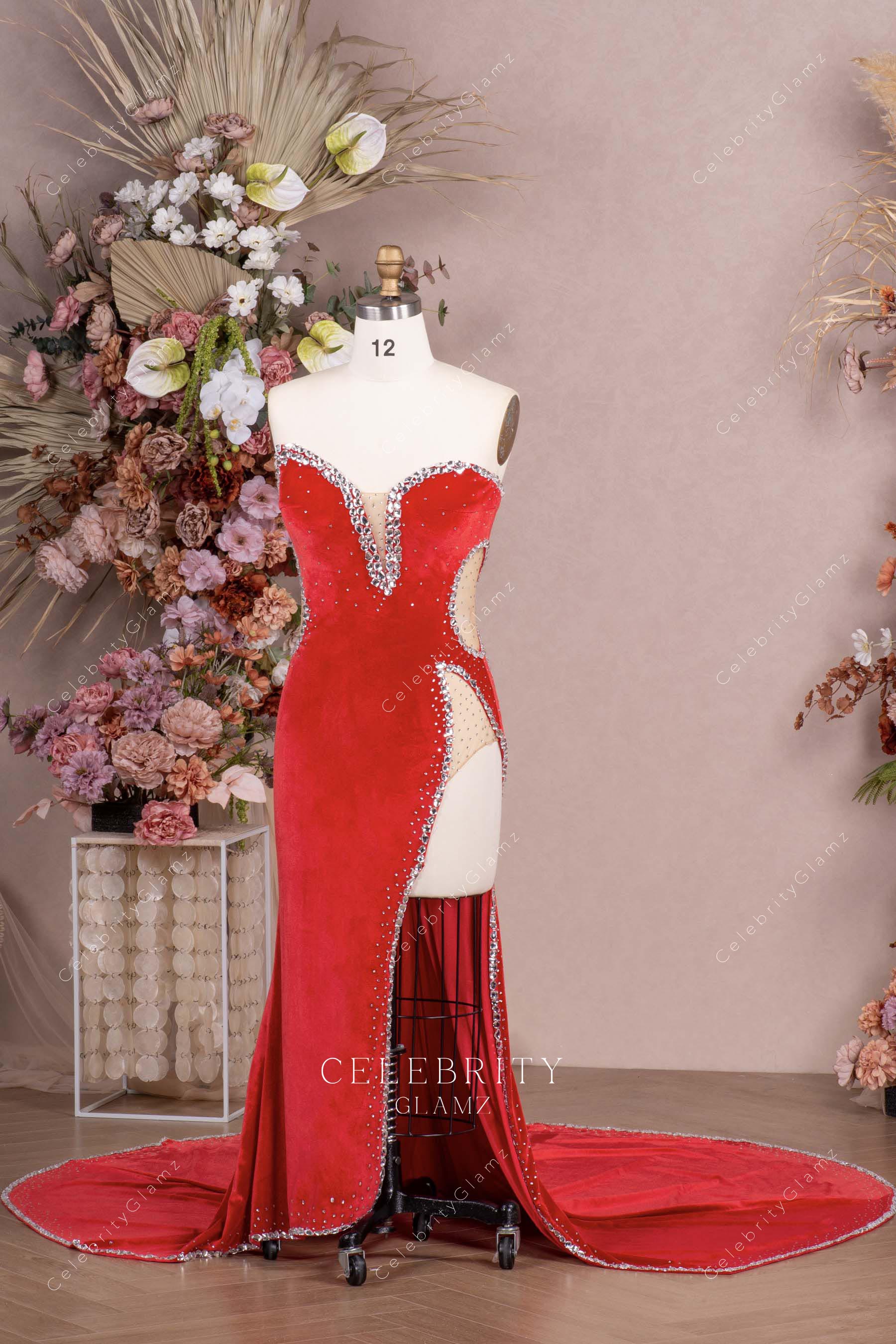red velvet thigh slit prom dress