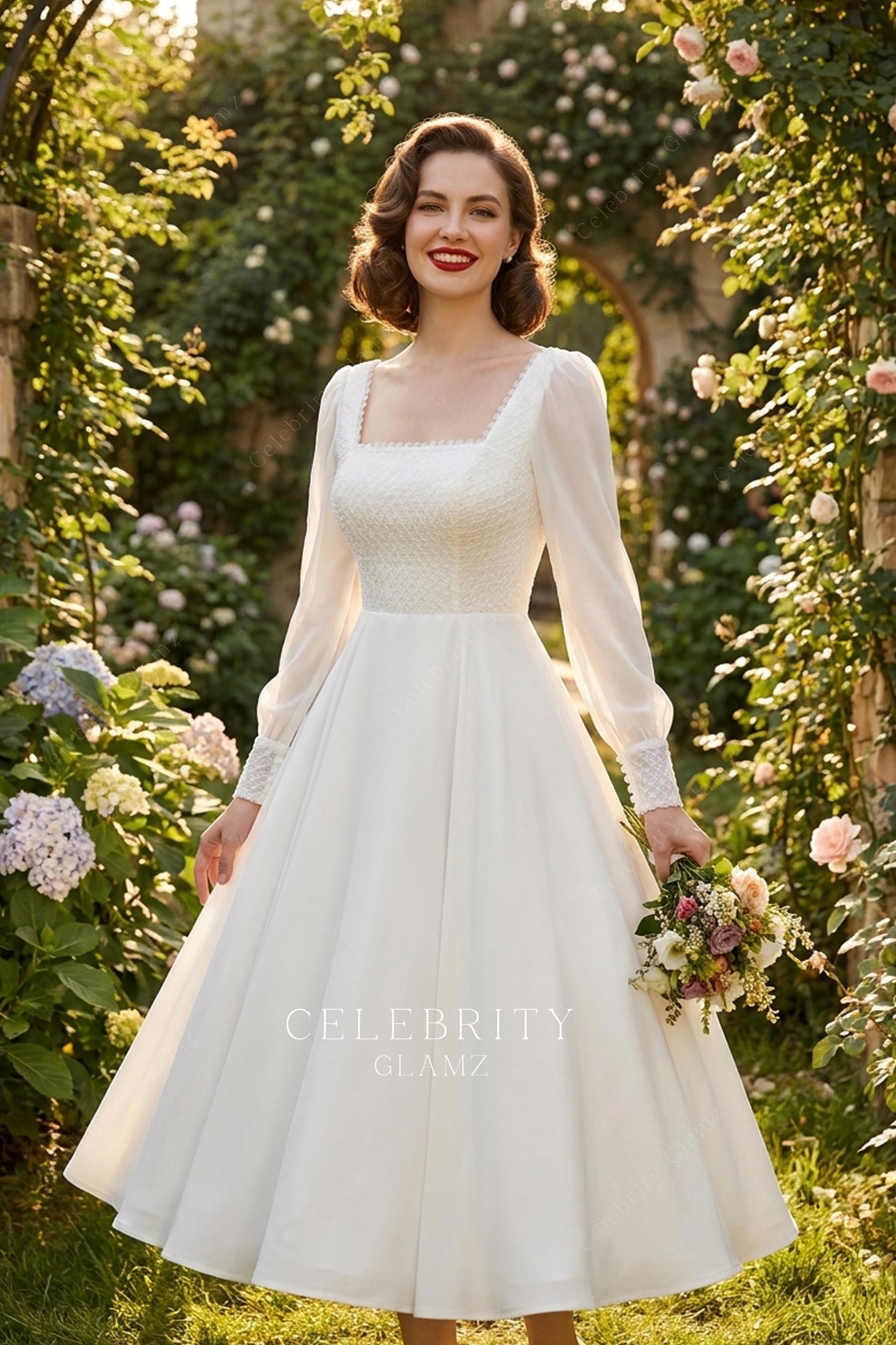 retro square neck a line wedding dress
