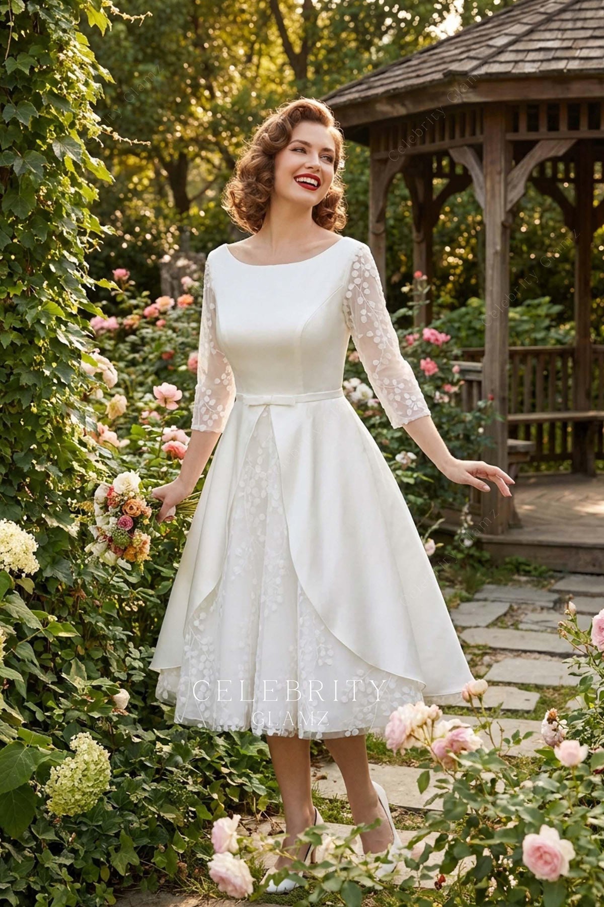 retro tea length bowknot wedding dress