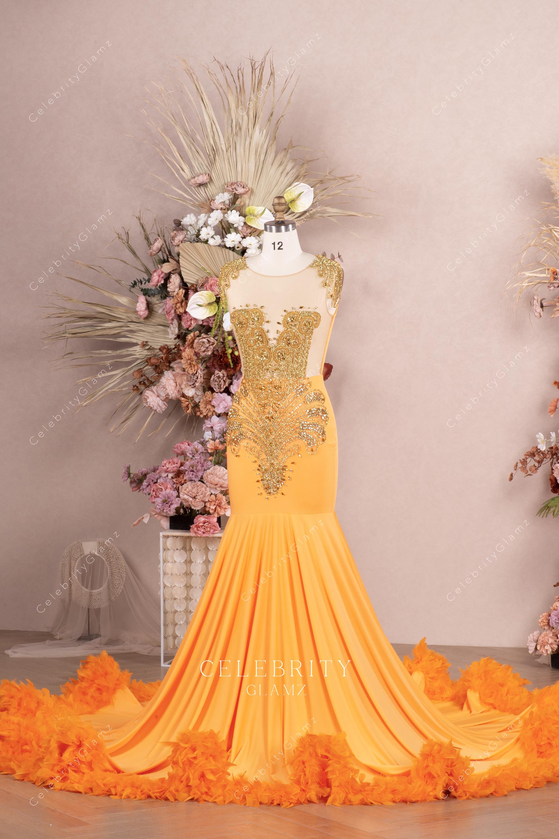 rhinestone illusion neck trumpet prom dress