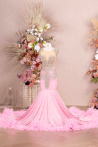 rhinestone pink feather mermaid prom dress