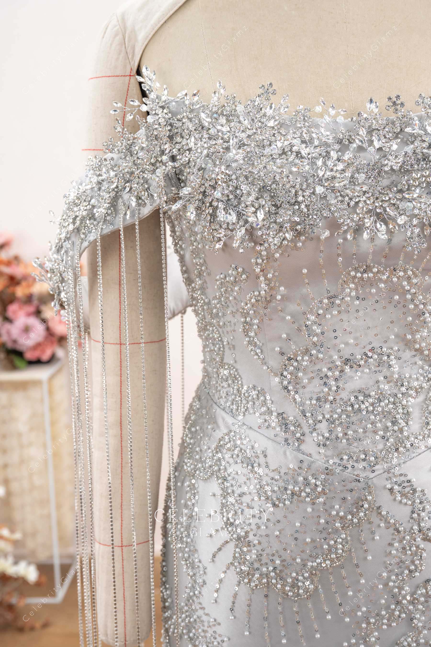 rhinestones beaded silver prom dress