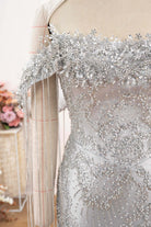 rhinestones beaded silver prom dress