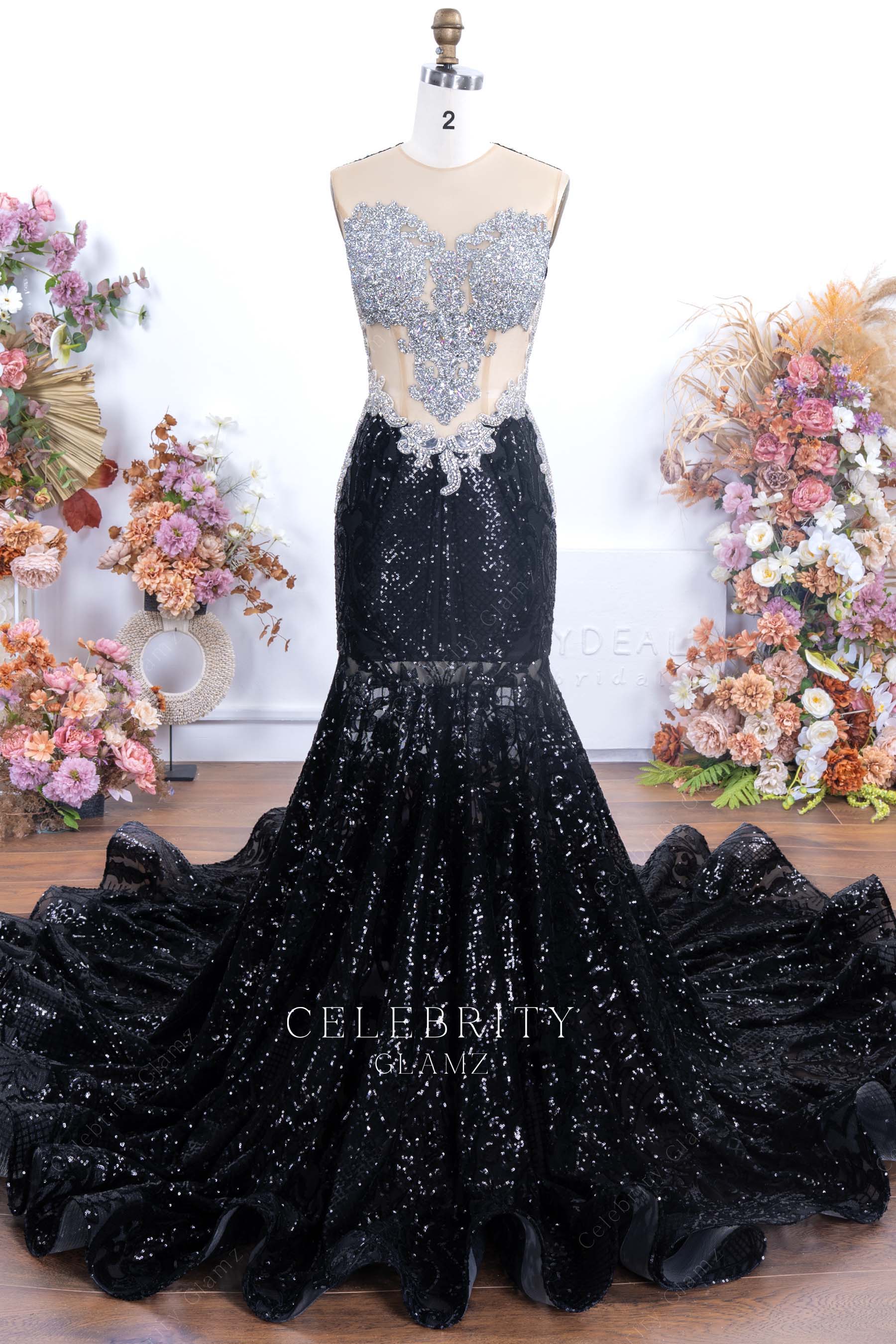 rhinestones black sequin trumpet prom dress