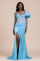 rhinestones blue flower shoulder prom dress