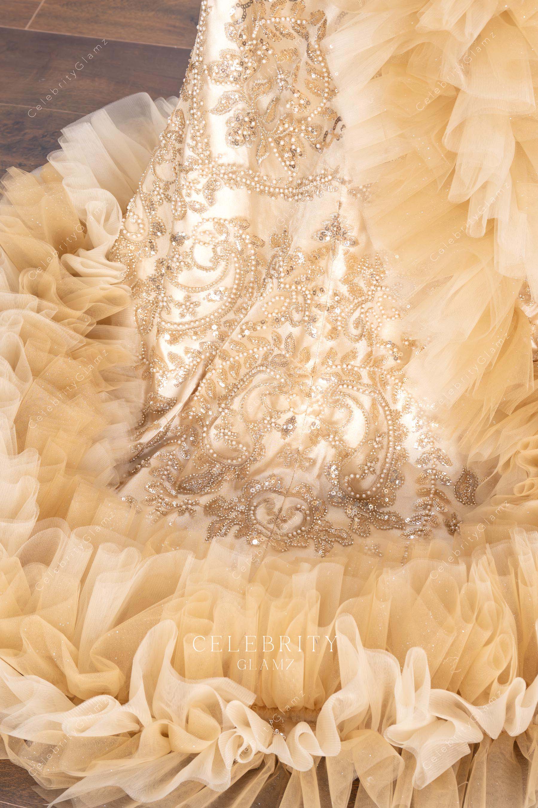 rhinestones champagne ruffled prom dress