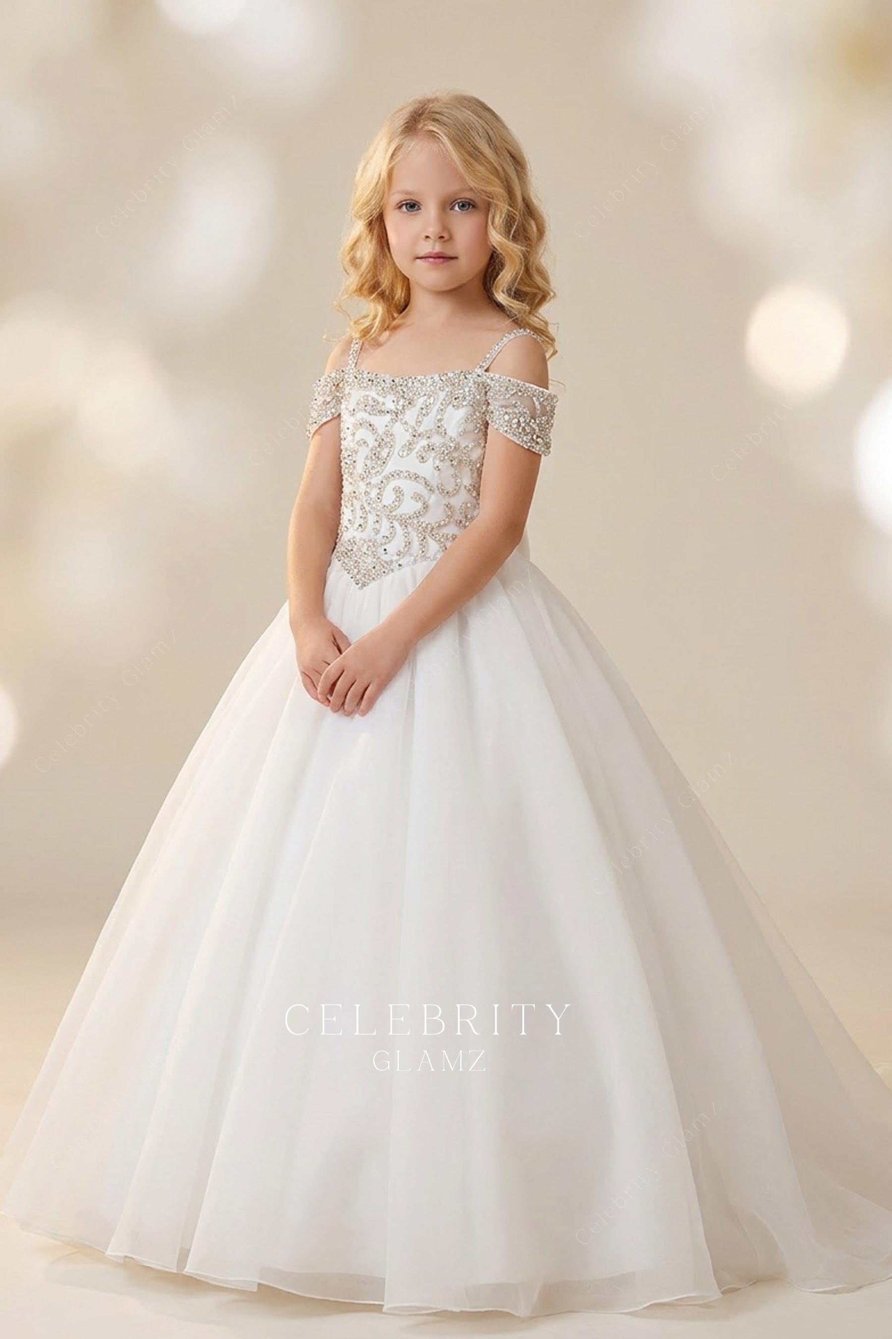 rhinestones cold shoulder sleeve first communion dress