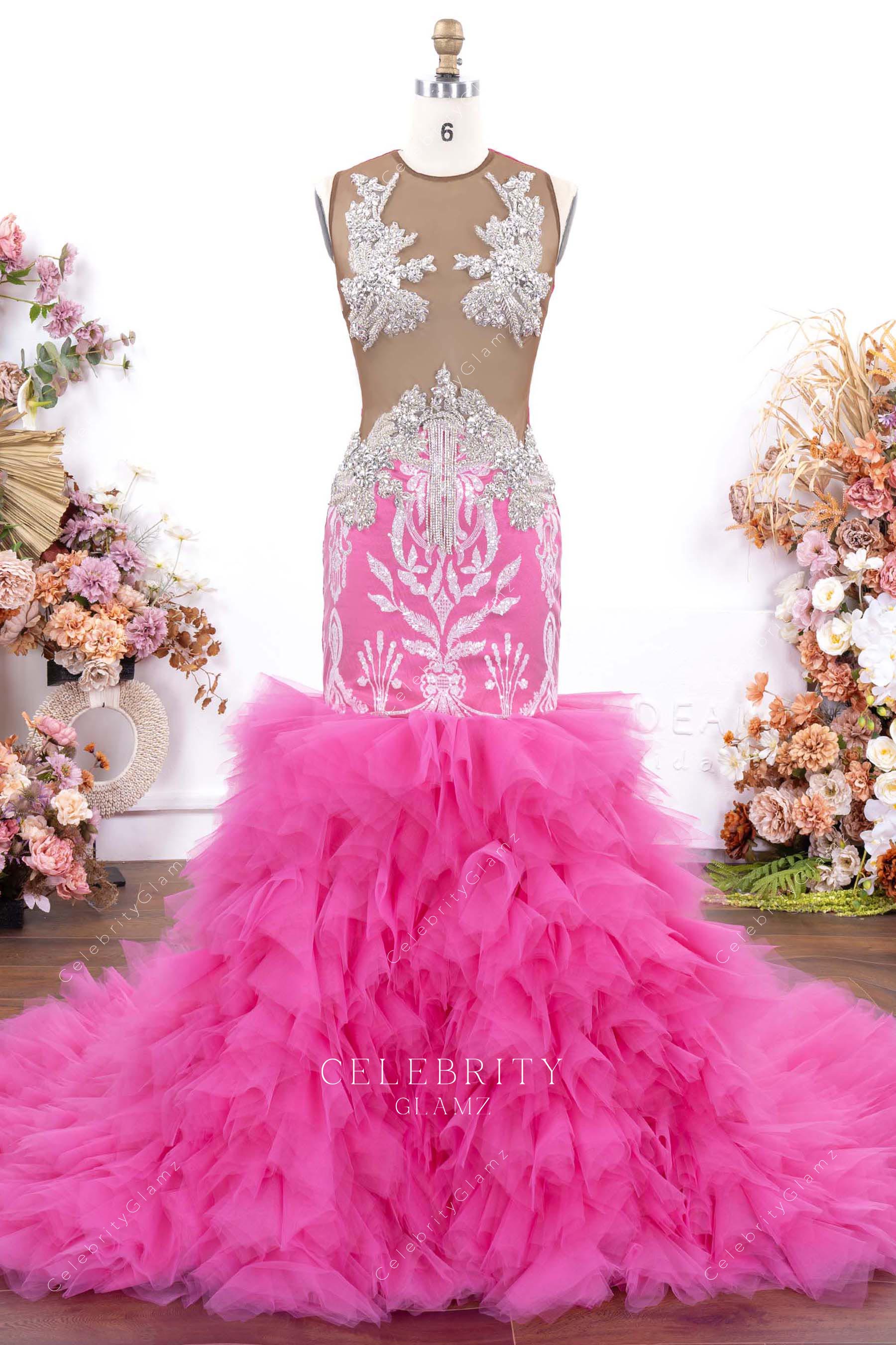 rhinestones fuchsia ruffled formal gown