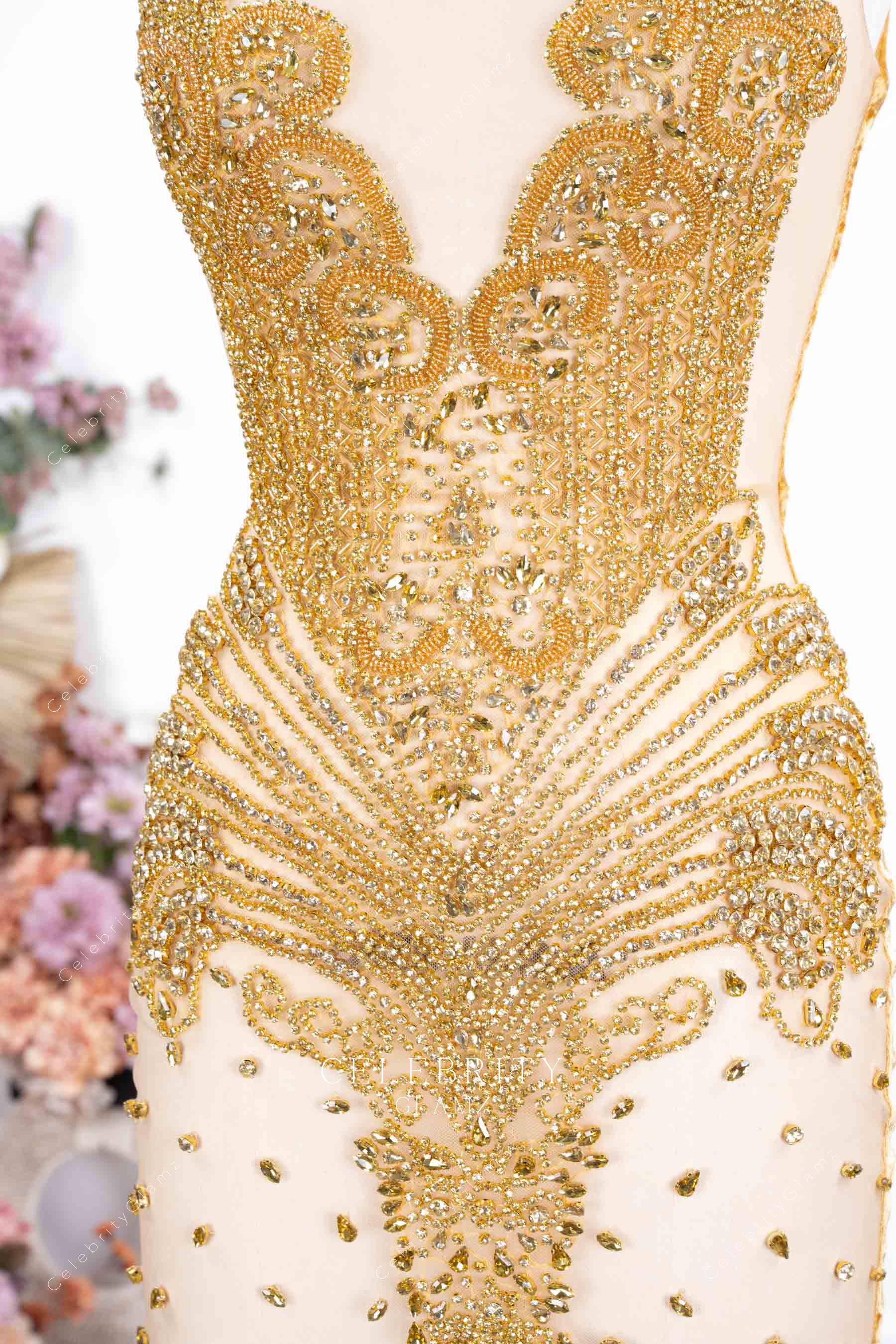 rhinestones gold sequin illusion prom dress
