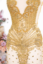 rhinestones gold sequin illusion prom dress