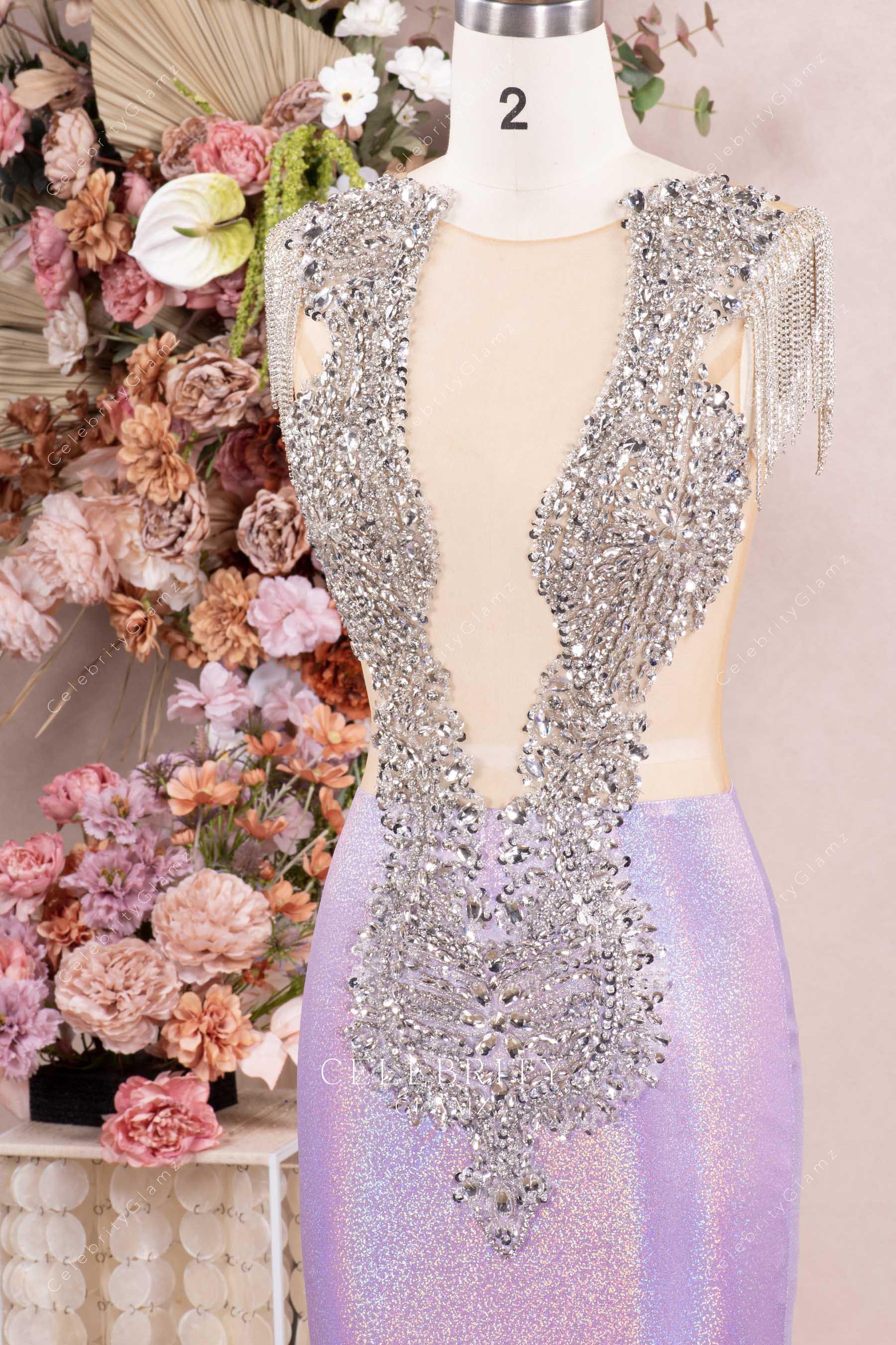 rhinestones illusion plunging neck prom dress