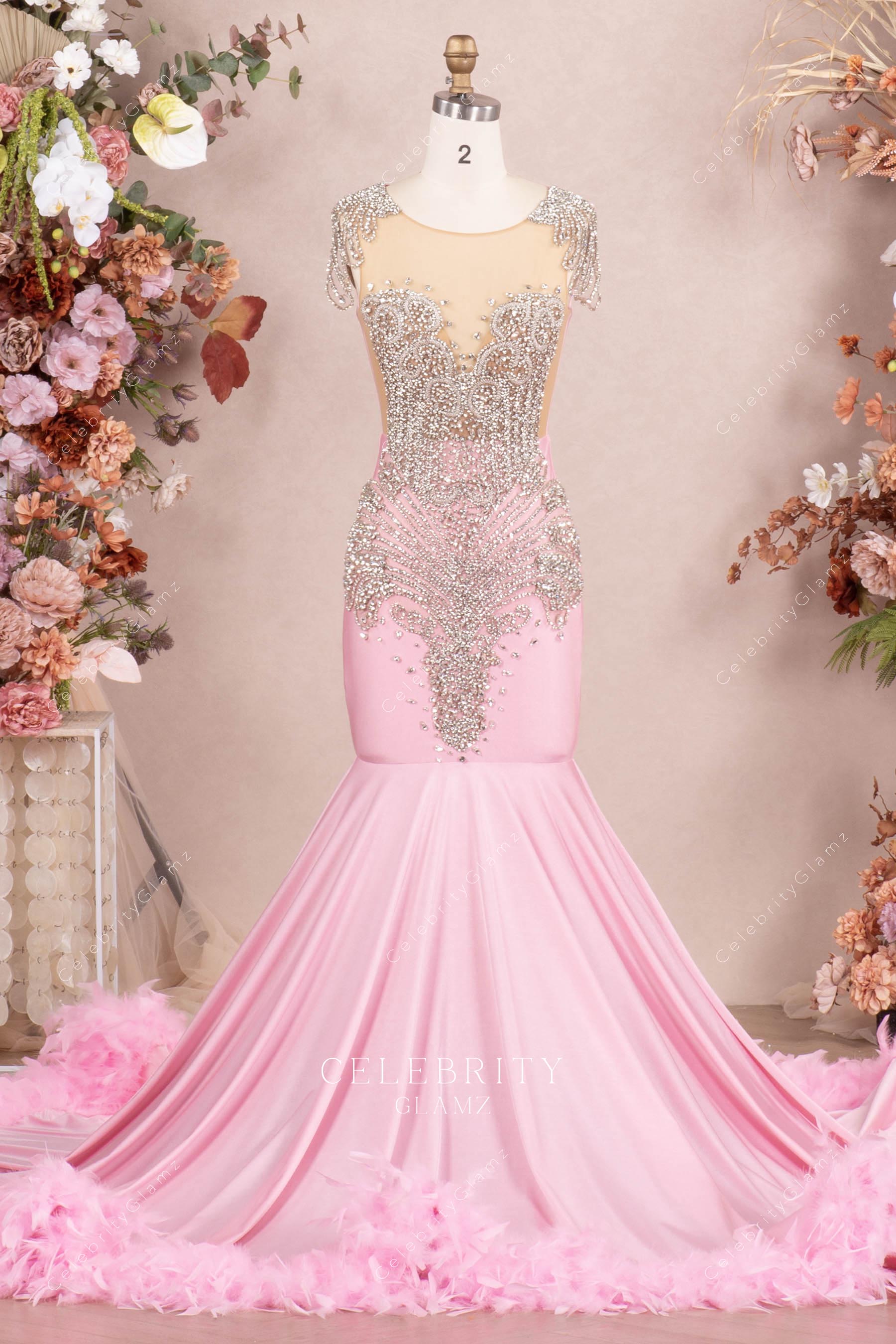 rhinestones pink trumpet formal dress 