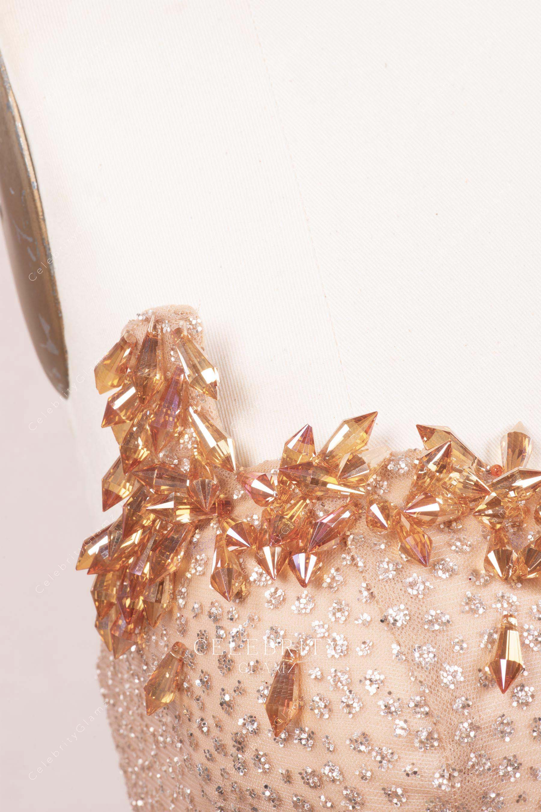 rhinestones rose gold strapless prom dress