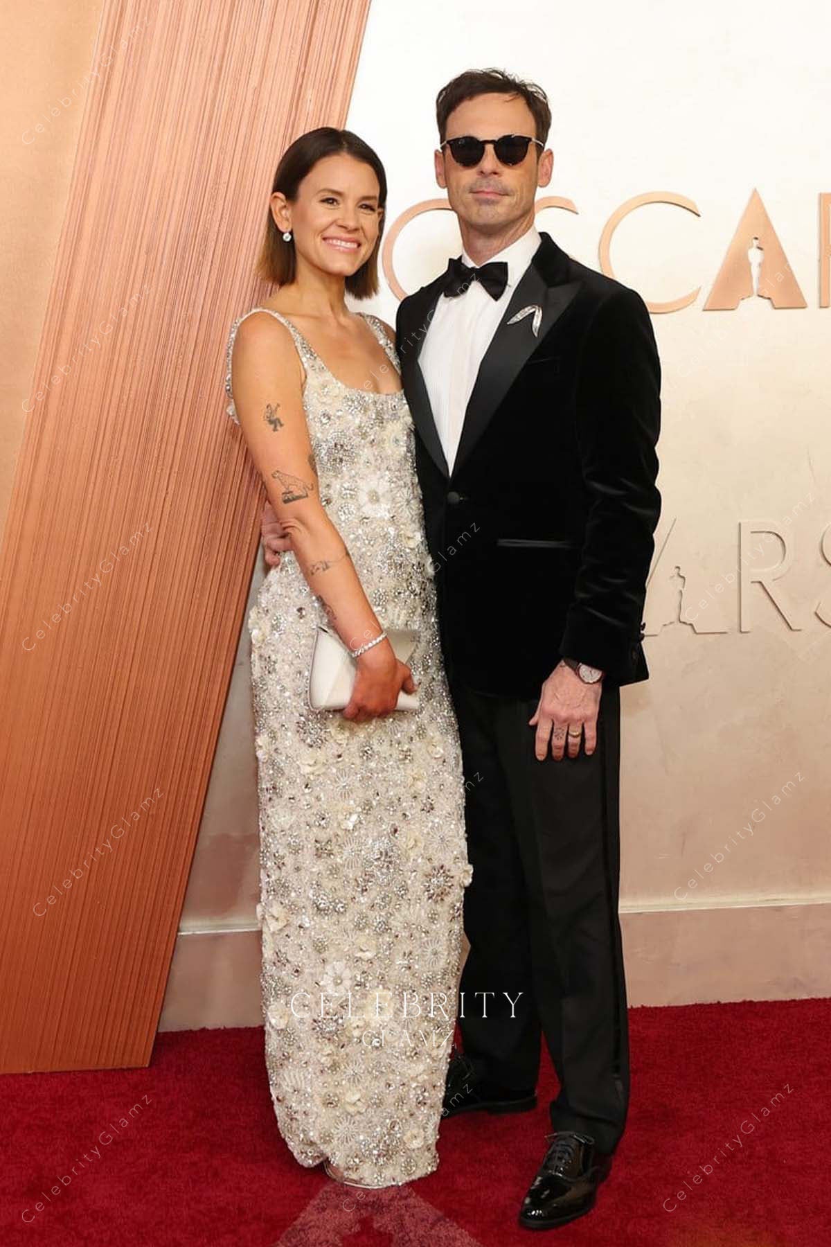 rhinestones Shauna Robertson 2025 Oscars red carpet light champagne dress