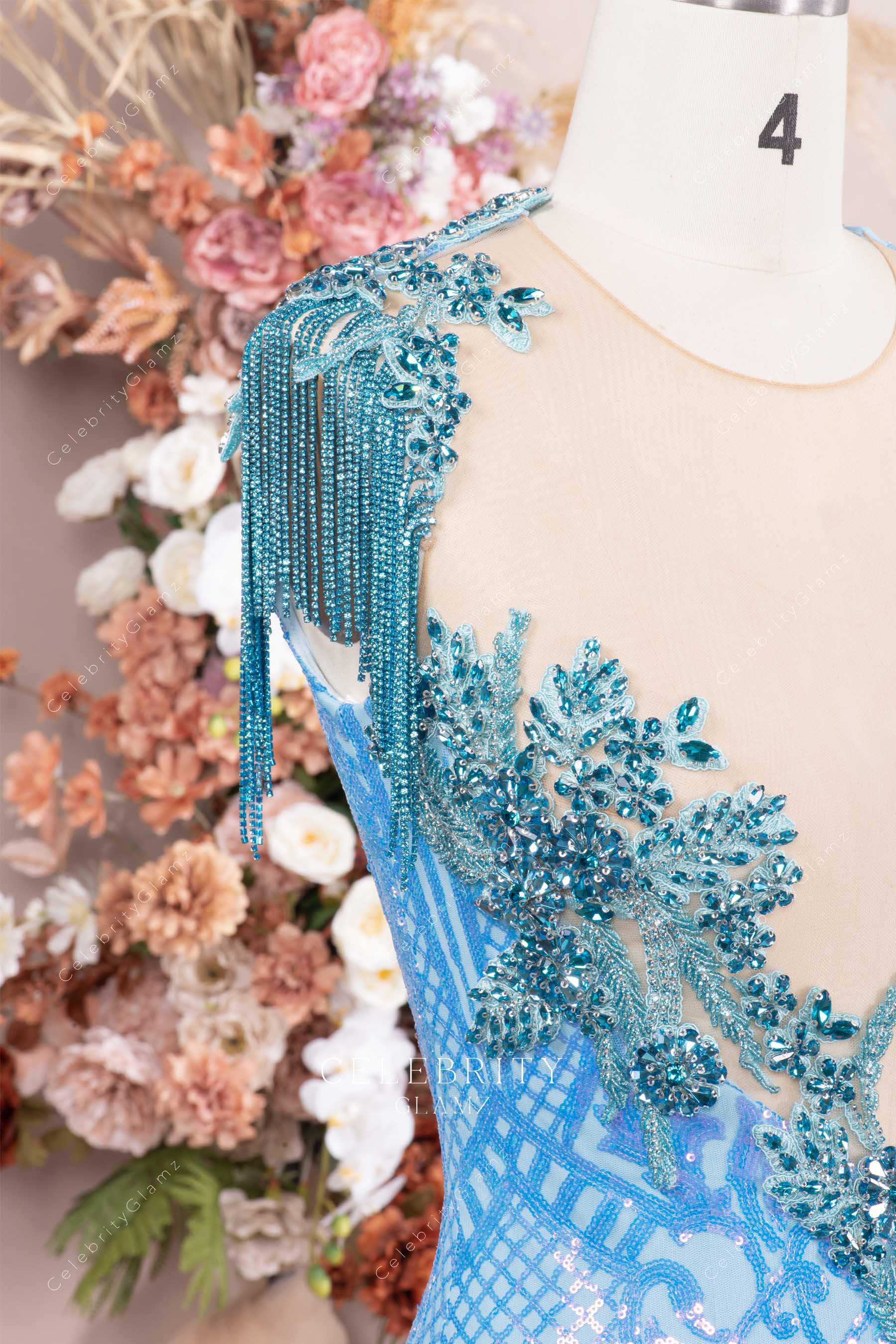 rhinestones sky blue trumpet formal dress