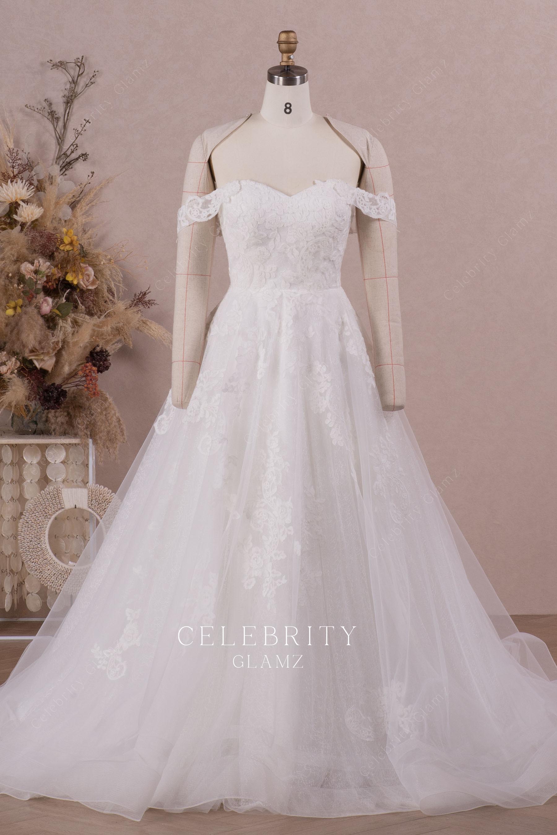 romantic flower lace a line bridal gown