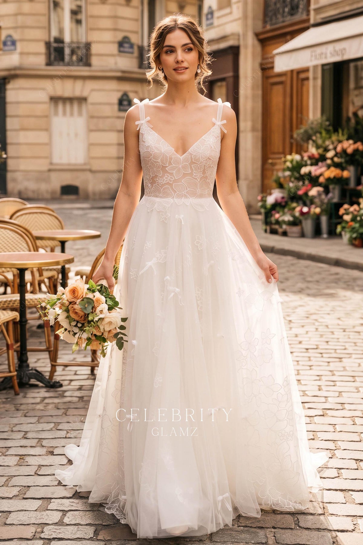 romantic flower lace knot wedding dress