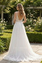 romantic lace v back wedding dress