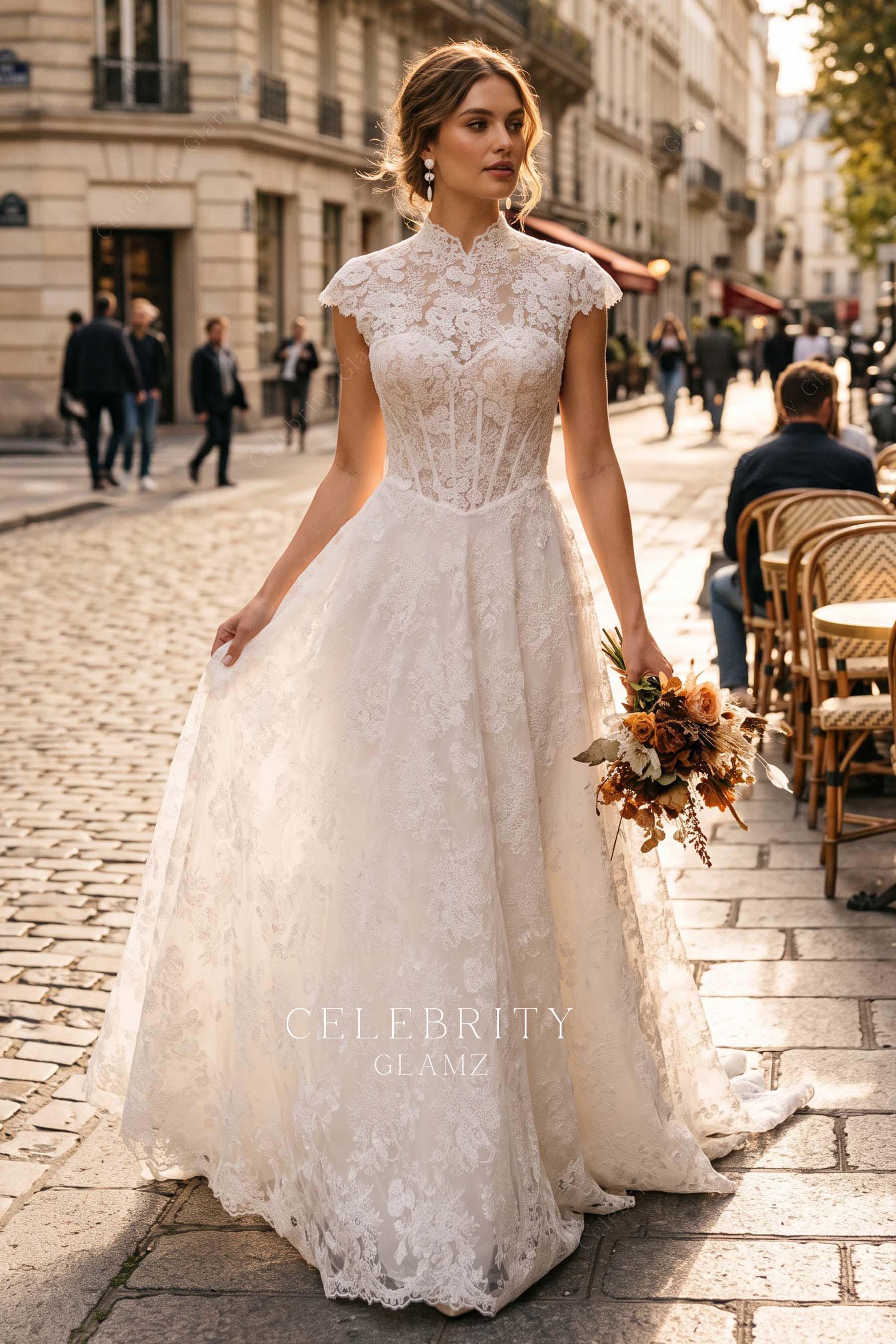 romantic lace high neck wedding dress