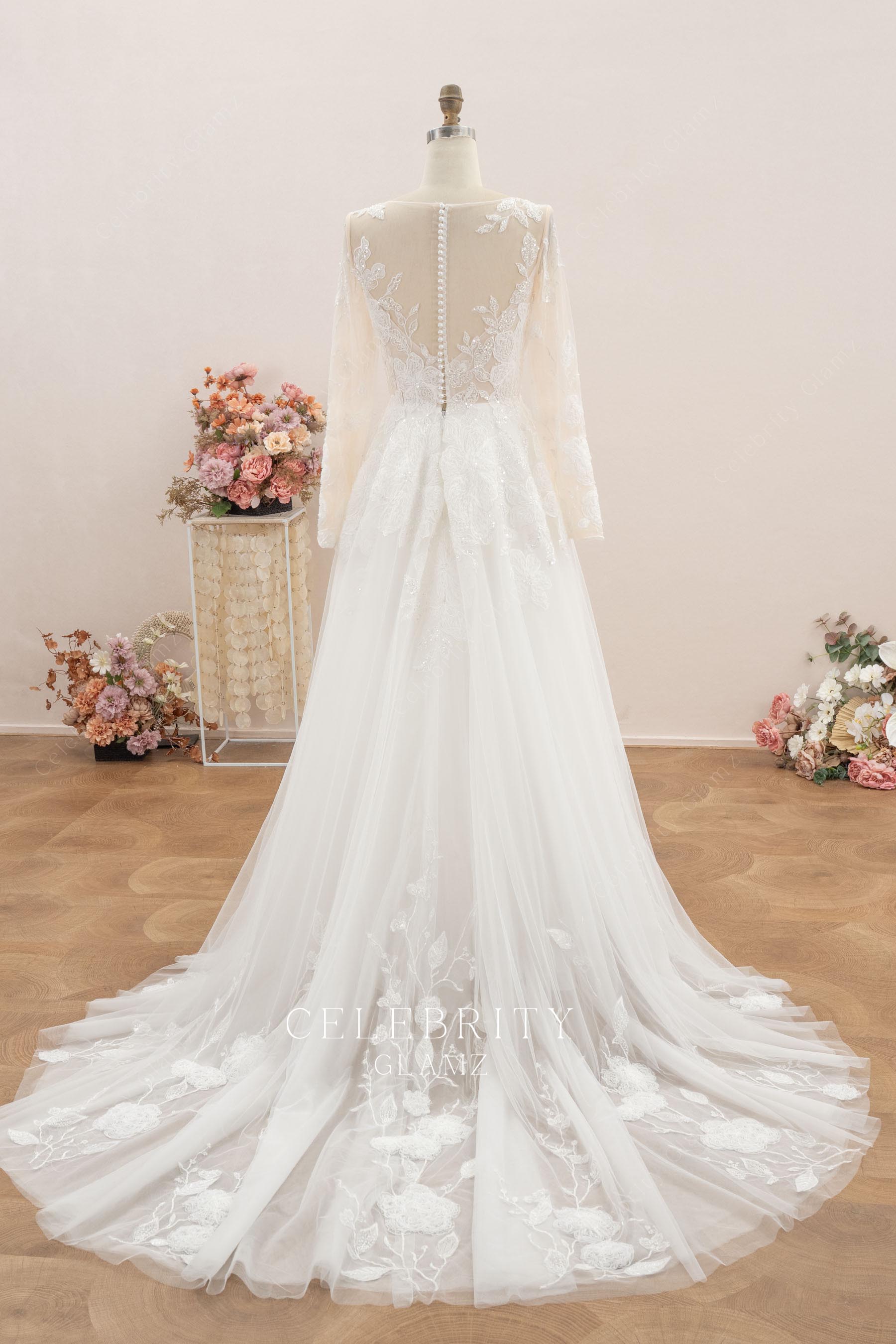 romantic organic lace appliques wedding dress