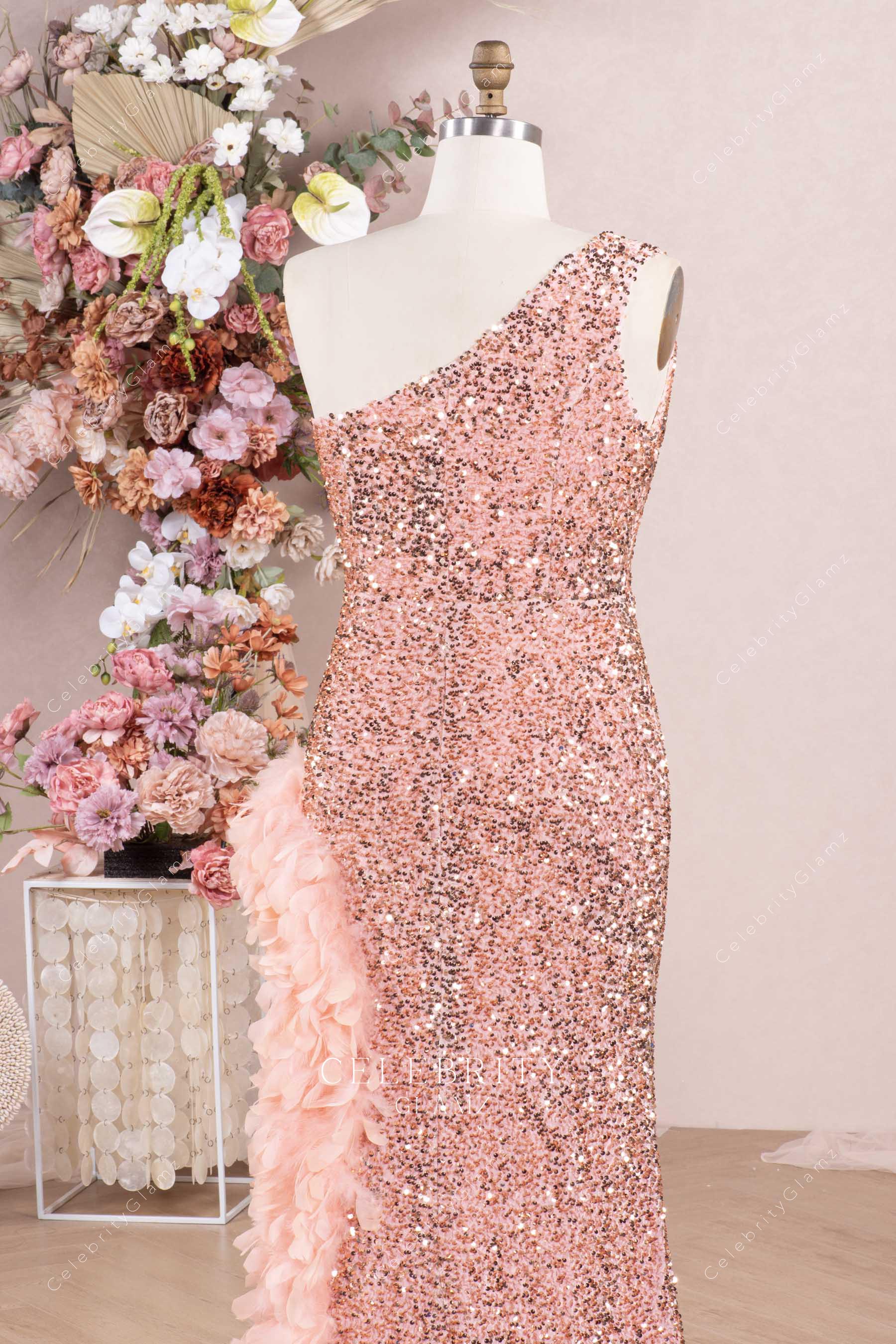 rose gold glitter sleeveless prom dress
